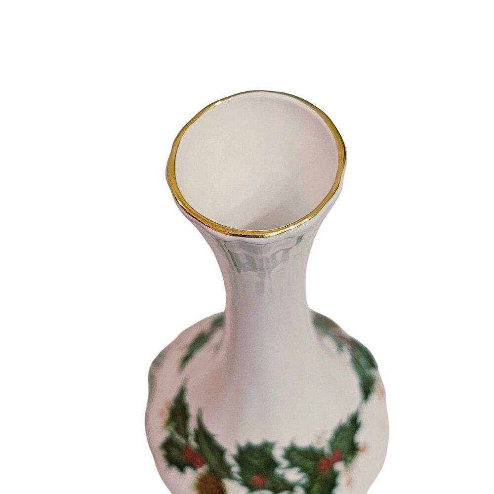 Rosina Yuletide Bud Vase 7" scalloped Christmas holly gold Queens Pottery Englan - Picture 3 of 6